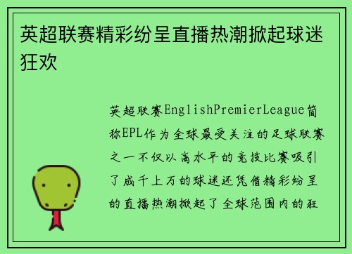 英超联赛精彩纷呈直播热潮掀起球迷狂欢 英超联赛精彩纷呈直播热潮掀起球迷狂欢